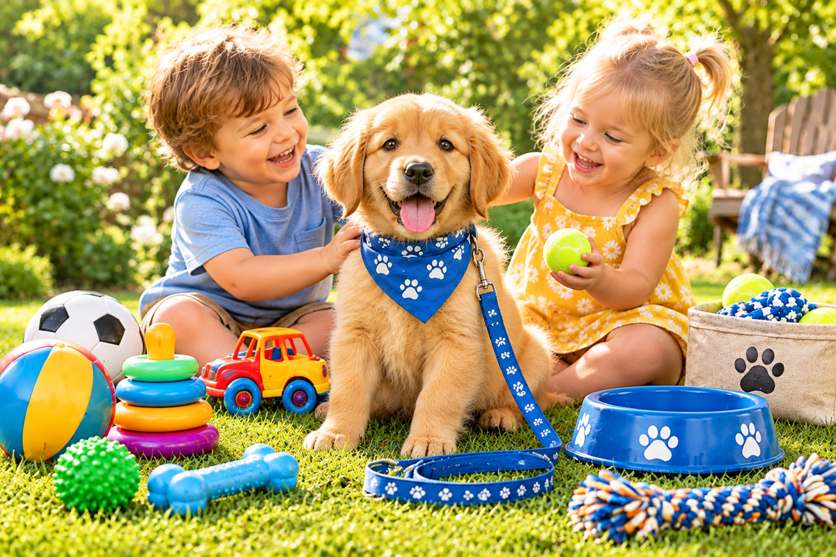 Toddlers with puppy and products outdoors